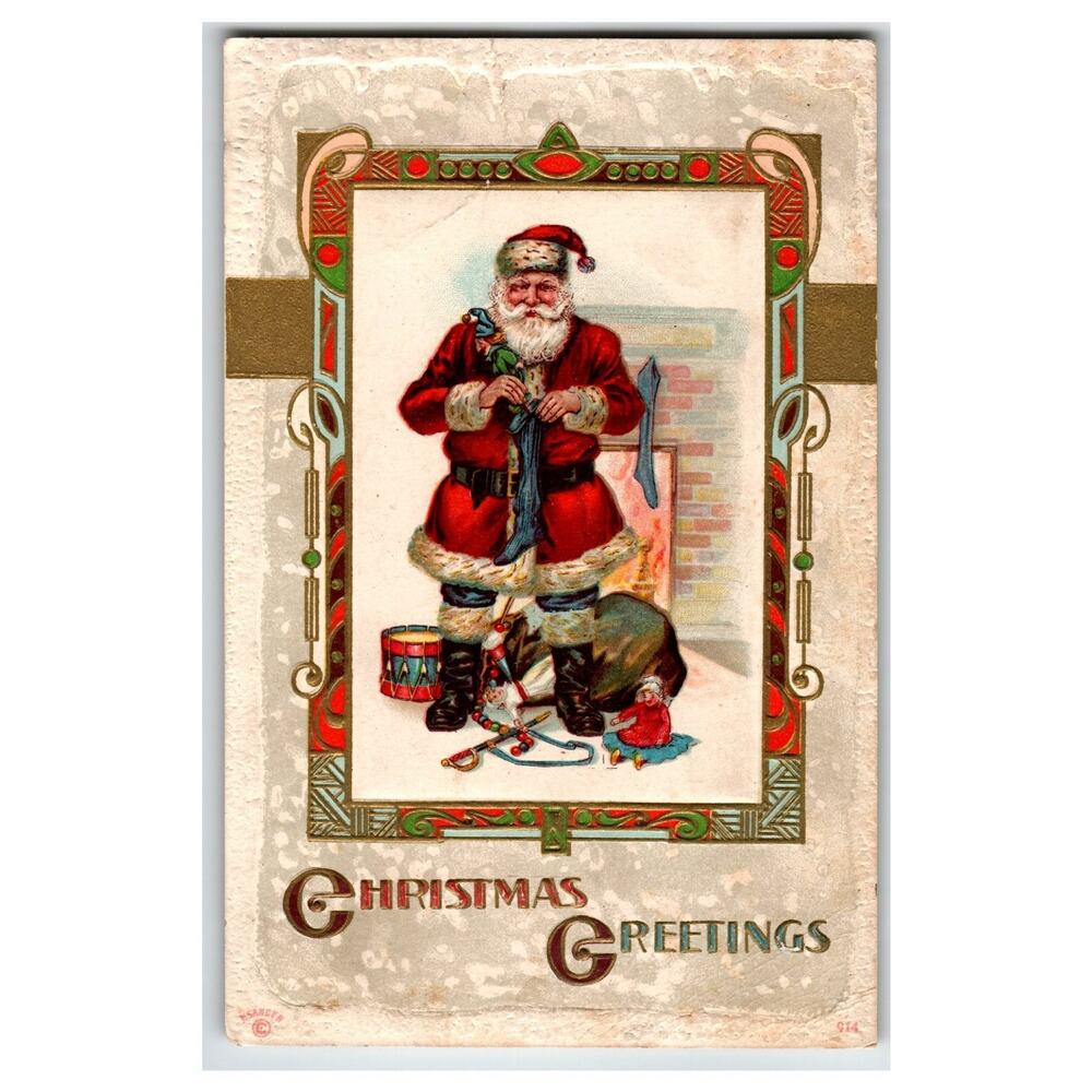 Vintage Embossed Christmas Postcard Santa Claus Filling Stocking Toys G Sander